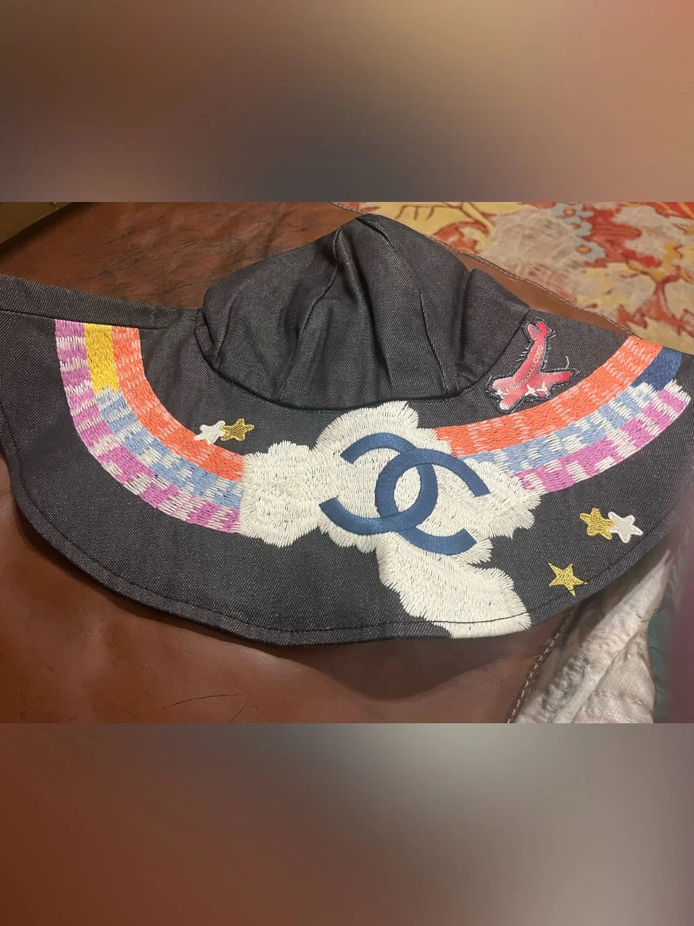 ChaneI Black Night Flight Embroidered Wide Brim Hat Rare HTF
